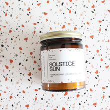 Load image into Gallery viewer, SOLSTICE SUN Hand Poured Candle. Frankincense. Vanilla. Clove. Cedarwood. Clementine. Myrrh.  7 oz. Cotton Wick.