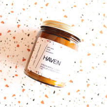 Load image into Gallery viewer, HAVEN Hand Poured Candle. Green Apple. Roasted Nuts. Salted Caramel. Vanilla. Amber Jar. 7 oz. Cotton Wick.
