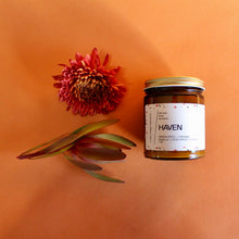Load image into Gallery viewer, HAVEN Hand Poured Candle. Green Apple. Roasted Nuts. Salted Caramel. Vanilla. Amber Jar. 7 oz. Cotton Wick.