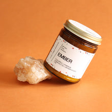 Load image into Gallery viewer, EMBER. Roasted Pumpkin. Apple Butter. Nutmeg. Candied Orange. Cherries. Amber Jar. Traditional Cotton Wick. 7 oz.