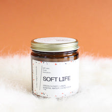 Load image into Gallery viewer, SOFT LIFE Hand Poured Candle. Green Clover. Clean Cotton. Honeydew. Lily of the Valley. Traditional Cotton Wick. Amber Jar.