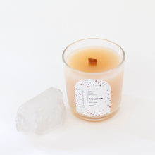 Load image into Gallery viewer, BAECATION Hand Poured Candle. Pina Colada Scent. Papaya. Cocoa Butter. Gold Shimmer. Wood Wick. 12 oz. Clear Vessel.