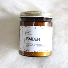 Load image into Gallery viewer, EMBER. Roasted Pumpkin. Apple Butter. Nutmeg. Candied Orange. Cherries. Amber Jar. Traditional Cotton Wick. 7 oz.