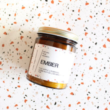 Load image into Gallery viewer, EMBER. Roasted Pumpkin. Apple Butter. Nutmeg. Candied Orange. Cherries. Amber Jar. Traditional Cotton Wick. 7 oz.