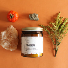 Load image into Gallery viewer, EMBER. Roasted Pumpkin. Apple Butter. Nutmeg. Candied Orange. Cherries. Amber Jar. Traditional Cotton Wick. 7 oz.