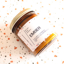 Load image into Gallery viewer, EMBER. Roasted Pumpkin. Apple Butter. Nutmeg. Candied Orange. Cherries. Amber Jar. Traditional Cotton Wick. 7 oz.