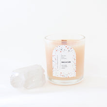 Load image into Gallery viewer, BAECATION Hand Poured Candle. Pina Colada Scent. Papaya. Cocoa Butter. Gold Shimmer. Wood Wick. 12 oz. Clear Vessel.