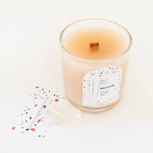 Load image into Gallery viewer, BAECATION Hand Poured Candle. Pina Colada Scent. Papaya. Cocoa Butter. Gold Shimmer. Wood Wick. 12 oz. Clear Vessel.