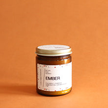 Load image into Gallery viewer, EMBER. Roasted Pumpkin. Apple Butter. Nutmeg. Candied Orange. Cherries. Amber Jar. Traditional Cotton Wick. 7 oz.