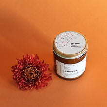 Load image into Gallery viewer, HAVEN Hand Poured Candle. Green Apple. Roasted Nuts. Salted Caramel. Vanilla. Amber Jar. 7 oz. Cotton Wick.