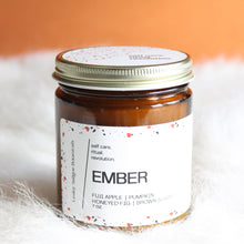 Load image into Gallery viewer, EMBER. Roasted Pumpkin. Apple Butter. Nutmeg. Candied Orange. Cherries. Amber Jar. Traditional Cotton Wick. 7 oz.