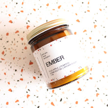 Load image into Gallery viewer, EMBER. Roasted Pumpkin. Apple Butter. Nutmeg. Candied Orange. Cherries. Amber Jar. Traditional Cotton Wick. 7 oz.
