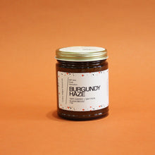 Load image into Gallery viewer, BURGUNDY HAZE Hand Poured Candle. Ripe Cherry. Osmanthus. Saffron. Leather. Apricot. Traditional Cotton Wick. Amber Jar.