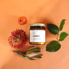Load image into Gallery viewer, EMBER. Roasted Pumpkin. Apple Butter. Nutmeg. Candied Orange. Cherries. Amber Jar. Traditional Cotton Wick. 7 oz.