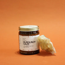 Load image into Gallery viewer, BURGUNDY HAZE Hand Poured Candle. Ripe Cherry. Osmanthus. Saffron. Leather. Apricot. Traditional Cotton Wick. Amber Jar.