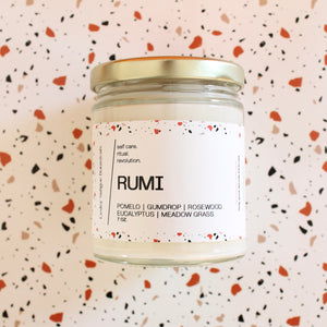 RUMI Hand Poured Candle. Pomelo Fruit. Rosewood. Meadow Grass. Gumdrop Eucalyptus. 7 oz. Wood Wick.