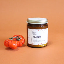 Load image into Gallery viewer, EMBER. Roasted Pumpkin. Apple Butter. Nutmeg. Candied Orange. Cherries. Amber Jar. Traditional Cotton Wick. 7 oz.