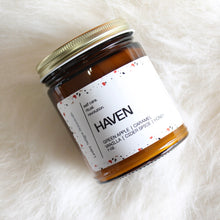 Load image into Gallery viewer, HAVEN Hand Poured Candle. Green Apple. Roasted Nuts. Salted Caramel. Vanilla. Amber Jar. 7 oz. Cotton Wick.