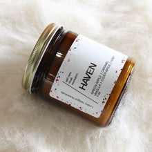 Load image into Gallery viewer, HAVEN Hand Poured Candle. Green Apple. Roasted Nuts. Salted Caramel. Vanilla. Amber Jar. 7 oz. Cotton Wick.