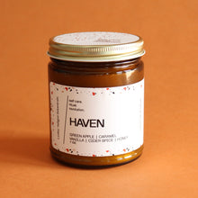 Load image into Gallery viewer, HAVEN Hand Poured Candle. Green Apple. Roasted Nuts. Salted Caramel. Vanilla. Amber Jar. 7 oz. Cotton Wick.