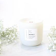 Load image into Gallery viewer, MOONLIT Hand Poured Candle. Night Queen Jasmine. Braided Sweetgrass. Buddha's Hand. Musc Blanc. Wood Wick. 14 oz. Matte Cream. Large.