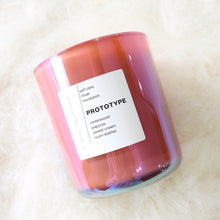 Load image into Gallery viewer, PROTOTYPE Hand Poured Candle. Iris. Sandalwood. Worn Leather. Sweet Cream. Cedarwood. Wood Wick. 12 oz. Clay Iridescent Vessel. Large. SALE