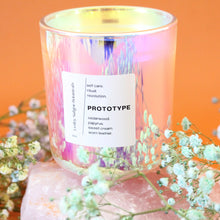 Load image into Gallery viewer, PROTOTYPE Hand Poured Candle. Iris. Sandalwood. Worn Leather. Sweet Cream. Cedarwood. Wood Wick. 12 oz. Clay Iridescent Vessel. Large. SALE