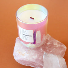 Load image into Gallery viewer, PROTOTYPE Hand Poured Candle. Iris. Sandalwood. Worn Leather. Sweet Cream. Cedarwood. Wood Wick. 12 oz. Clay Iridescent Vessel. Large. SALE
