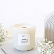 Load image into Gallery viewer, MOONLIT Hand Poured Candle. Night Queen Jasmine. Braided Sweetgrass. Buddha's Hand. Musc Blanc. Wood Wick. 14 oz. Matte Cream. Large.