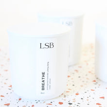 Load image into Gallery viewer, BREATHE Hand Poured Candle. Portuguese Lavender. Ylang Ylang. Vetiver. Wood Wick. 8 oz. Frosted White.