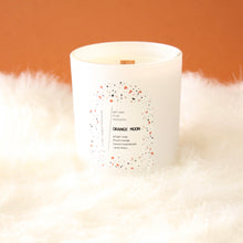 Load image into Gallery viewer, ORANGE MOON Hand Poured Candle. Blood Orange. Ginger Snap. Cacao Blanc. Wood Wick. 12 oz. Matte White.