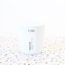 Load image into Gallery viewer, BREATHE Hand Poured Candle. Portuguese Lavender. Ylang Ylang. Vetiver. Wood Wick. 8 oz. Frosted White.