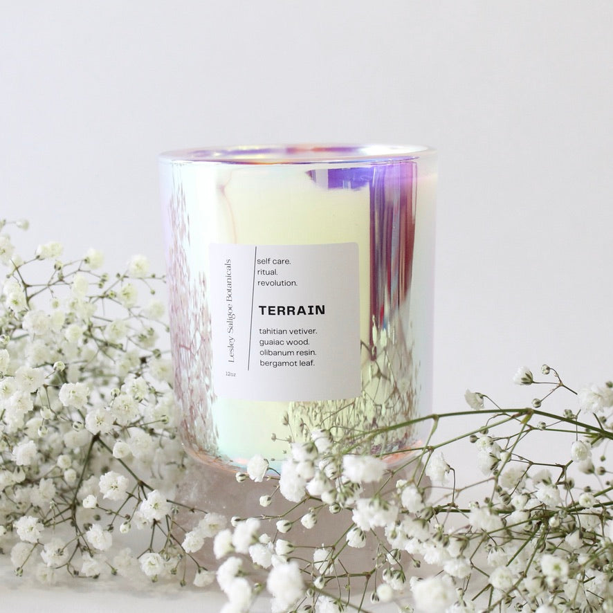 anthurium overose candle TERRAIN Hand Poured Candle. Olibanum. Vetiver. Guaiac Wood. Pepper. Be – Lesley Saligoe Botanicals