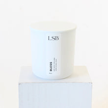 Load image into Gallery viewer, BLESS Hand Poured Natural Candle. Palo Santo. Sage. Cedarwood. Wood Wick. 8 oz. White with Lid.