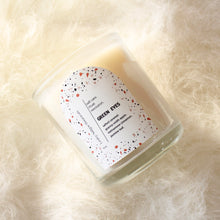 Load image into Gallery viewer, GREEN EYES Hand Poured Candle. Granny Smith Apple. Salted Caramel. Jasmine Leaf. Wood Wick. 12 oz. Clear Vessel.