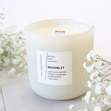 Load image into Gallery viewer, MOONLIT Hand Poured Candle. Night Queen Jasmine. Braided Sweetgrass. Buddha's Hand. Musc Blanc. Wood Wick. 14 oz. Matte Cream. Large.