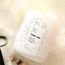 Load image into Gallery viewer, ORANGE MOON Hand Poured Candle. Blood Orange. Ginger Snap. Cacao Blanc. Wood Wick. 12 oz. Matte White.