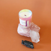 Load image into Gallery viewer, PROTOTYPE Hand Poured Candle. Iris. Sandalwood. Worn Leather. Sweet Cream. Cedarwood. Wood Wick. 12 oz. Clay Iridescent Vessel. Large. SALE