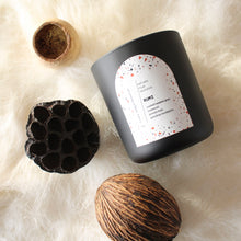 Load image into Gallery viewer, RUMI Hand Poured Candle. Pomelo Fruit. Gumdrop Eucalyptus. Meadow Grass. Wood Wick. 12 oz. Matte Black.