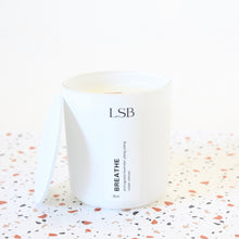 Load image into Gallery viewer, BREATHE Hand Poured Candle. Portuguese Lavender. Ylang Ylang. Vetiver. Wood Wick. 8 oz. Frosted White.