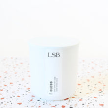 Load image into Gallery viewer, BLESS Hand Poured Natural Candle. Palo Santo. Sage. Cedarwood. Wood Wick. 8 oz. White with Lid.