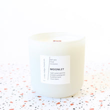 Load image into Gallery viewer, MOONLIT Hand Poured Candle. Night Queen Jasmine. Braided Sweetgrass. Buddha's Hand. Musc Blanc. Wood Wick. 14 oz. Matte Cream. Large.