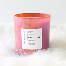 Load image into Gallery viewer, PROTOTYPE Hand Poured Candle. Iris. Sandalwood. Worn Leather. Sweet Cream. Cedarwood. Wood Wick. 12 oz. Clay Iridescent Vessel. Large. SALE
