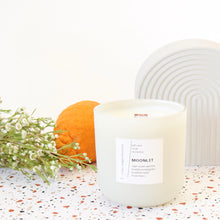 Load image into Gallery viewer, MOONLIT Hand Poured Candle. Night Queen Jasmine. Braided Sweetgrass. Buddha's Hand. Musc Blanc. Wood Wick. 14 oz. Matte Cream. Large.