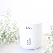 Load image into Gallery viewer, BLESS Hand Poured Natural Candle. Palo Santo. Sage. Cedarwood. Wood Wick. 8 oz. White with Lid.