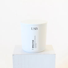 Load image into Gallery viewer, BREATHE Hand Poured Candle. Portuguese Lavender. Ylang Ylang. Vetiver. Wood Wick. 8 oz. Frosted White.