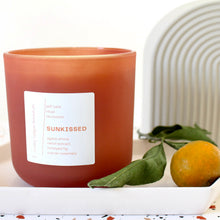 Load image into Gallery viewer, SUNKISSED Hand Poured Candle. Agave Amica. Neroli Extract. Honeyed Fig. Tuscan Rosemary. Wood Wick. 14 oz. Fawn Tan. Large.