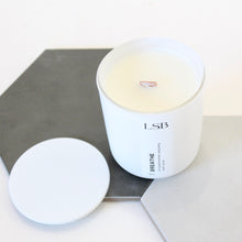 Load image into Gallery viewer, BREATHE Hand Poured Candle. Portuguese Lavender. Ylang Ylang. Vetiver. Wood Wick. 8 oz. Frosted White.