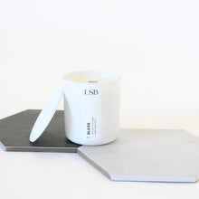 Load image into Gallery viewer, BLESS Hand Poured Natural Candle. Palo Santo. Sage. Cedarwood. Wood Wick. 8 oz. White with Lid.