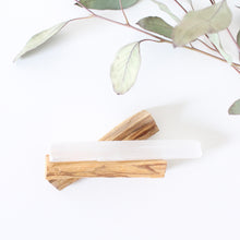 Load image into Gallery viewer, PALO SANTO and SELENITE WAND. Natural Incense. Holy Wood. Space + Energy Clearing.